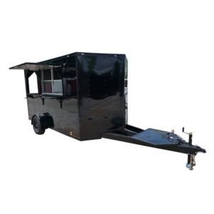 7 x 12 Porch Concession Trailer - Black Blackout with Fold-Down Platform