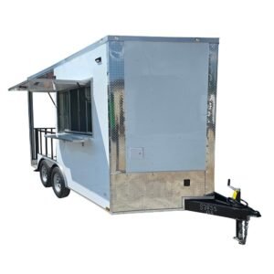8.5 x 14 White BBQ Trailer - 7-Foot Railed Porch & Enclosed Kitchen